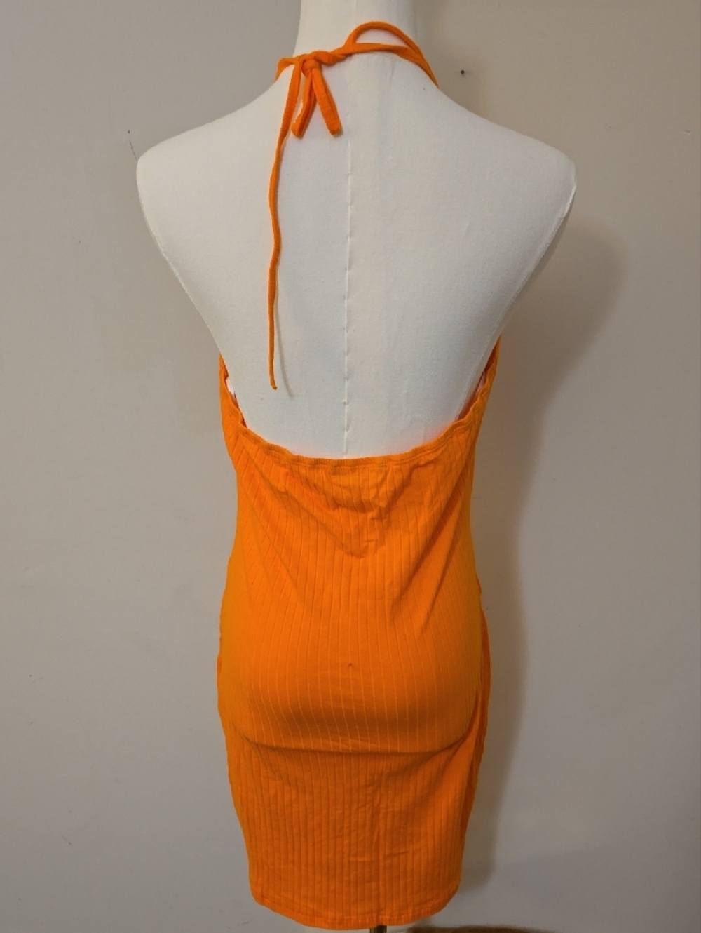 Bright Orange Ribbed Halter Neck Open Backed Mini Dress - Picture 2 of 2